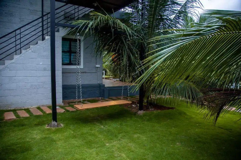 Stone path along the building edge with palms overhead